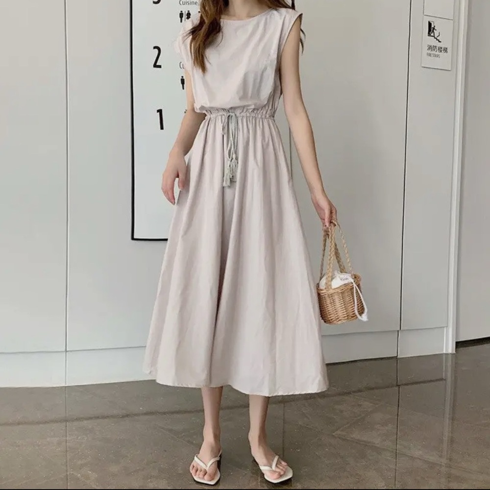 NWT beige Cotton Blend Round Neck drawstring waist midi dress Large